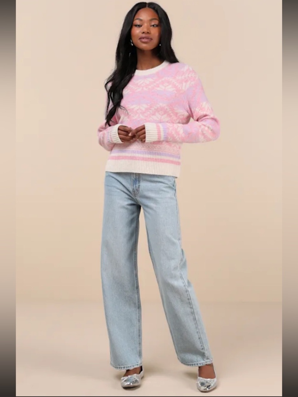 Lulus Delightful Weather Pink and Lilac Pullover Sweater